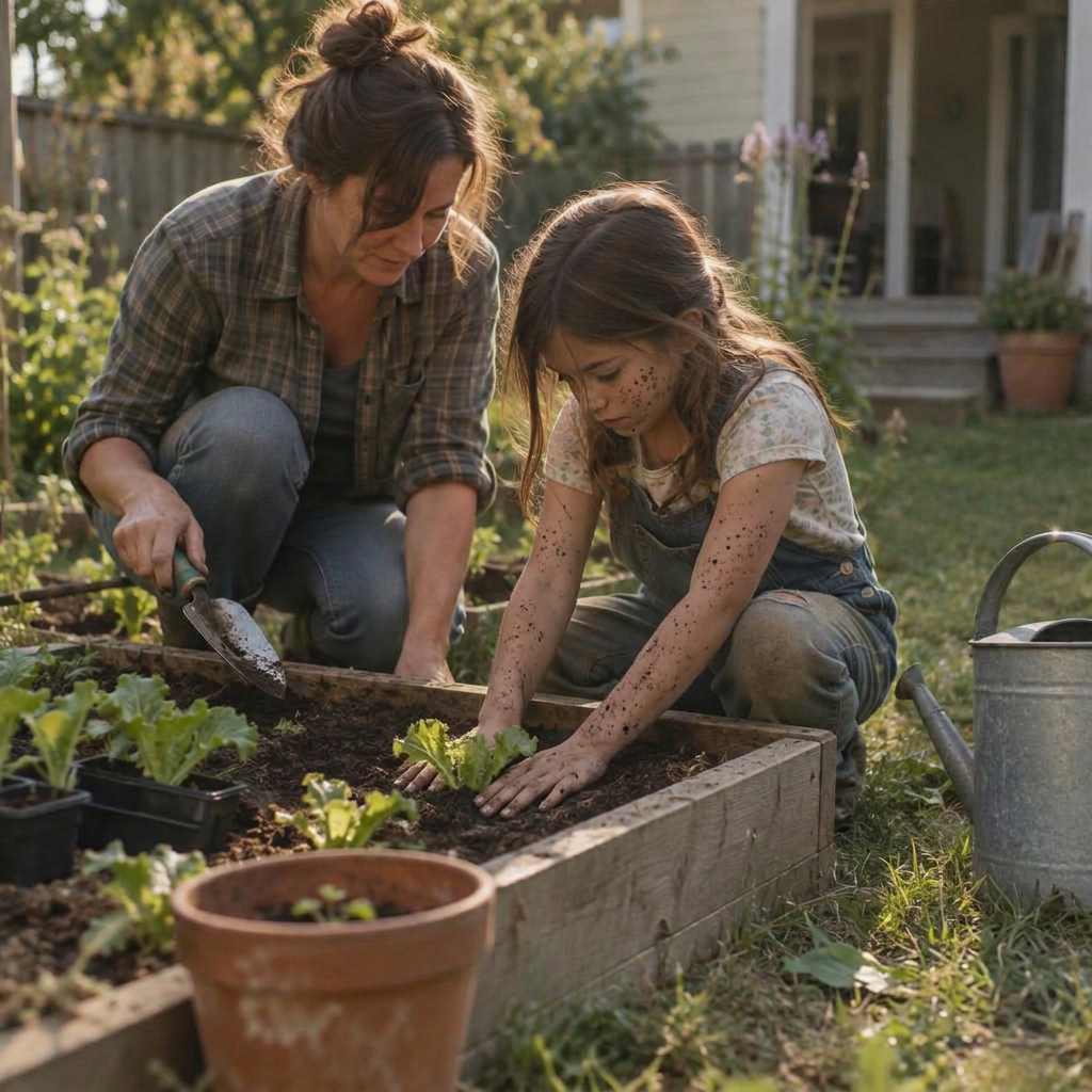 A mother and daughter planting seedlings together in a backyard garden bed